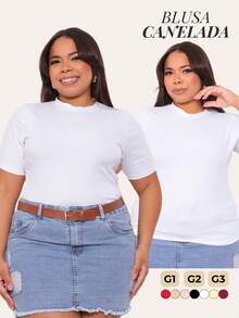Women's Plus Size Ribbed Blouse Round Neck Elastic Comfortable Everyday Wear - White - View 8