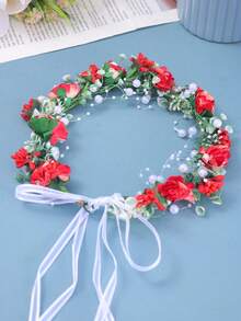 1pc Handmade Bride Red Flower Headband, Romantic Pink Princess Daisy Hair Accessory, Wedding Bridal Hair Decoration Gift - Red - View 5