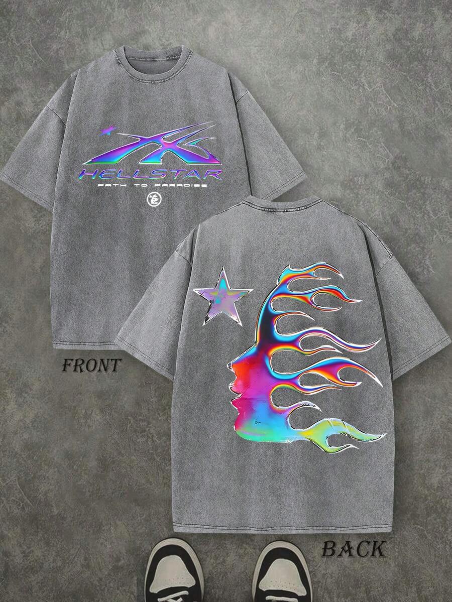 Camiseta gráfica lavada extragrande para hombre con la cruz de Jesús y la corona de espinas, estilo vintage urbano. - Gris - Ver 1