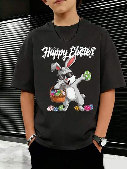 Tween Boy Easter Bunny Cartoon Print T-Shirt, Suitable For Holiday Wear, Casual Wear, Streetwear, Fashionable Summer Top For Boys. Ideal Easter Gift For Kids, Perfect Outfit To Celebrate Happy Easter!
