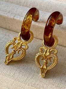 1 par de pendientes vintage en forma de C - pendientes colgantes con forma de corazón ornamentados en dorado, joyería de oreja estilo barroco vintage, adecuados para fiestas, banquetes nocturnos y ocasiones formales - Dorado - Ver 1