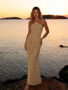 MORI 2026 Spring/Summer New Brown Spaghetti Strap Backless Knit Maxi Dress, Fishbone Lace-Up Detail, Vacation Vibe American Retro Sexy, Pure Sensual Elegant Casual, Suitable For American Party, Beach Vacation, Romantic Date - Brown - View 2