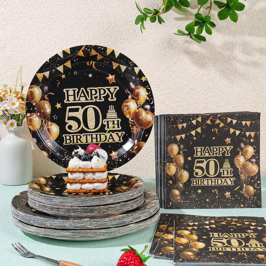 Bộ đồ dùng ăn uống dùng một lần cho tiệc sinh nhật lần thứ 50, đĩa giấy 7/9 inch, khăn ăn, thích hợp cho các buổi họp mặt gia đình, tiệc tiết lộ giới tính, lễ kỷ niệm, sinh nhật, đám cưới, tiệc tùng, dã ngoại. - Nhiều màu - Xem 1