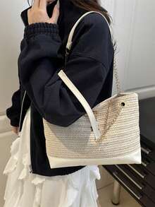 草编链条手提包，鹿形吊坠编织包，大容量单肩包，充满度假风情 - 白色 - 查看 3