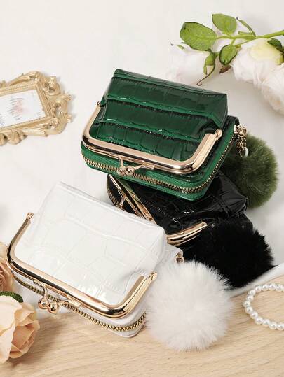 Decorated With A Furry Pom Pom Charm,Black Fashionable And High-Quality Credit Card Storage Bag, Easy To Carry, Multi Slot Coin Wallet Zipper, Detachable For Use, Multifunctional Large Capacity Women's Wallet, Hand-Held Bag, Storage Bag