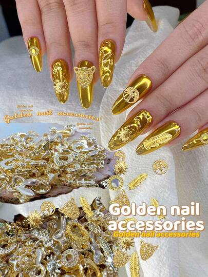  KIRAME 50pcs/100pcs Gold Alloy Nail Charms Without Sparkling Rhinestones, 3D Luxury Design, Lightweight And Durable. Perfect For Acrylic Nails, Gel Nails, And DIY Manicure. Suitable For Daily Wear, Parties, Prom, And Nail Salon Use. Easy To Apply And Long-Lasting. Great Gift For Nail Art Lovers.Nail Supplies,Christmas,New Year,Festival Gift