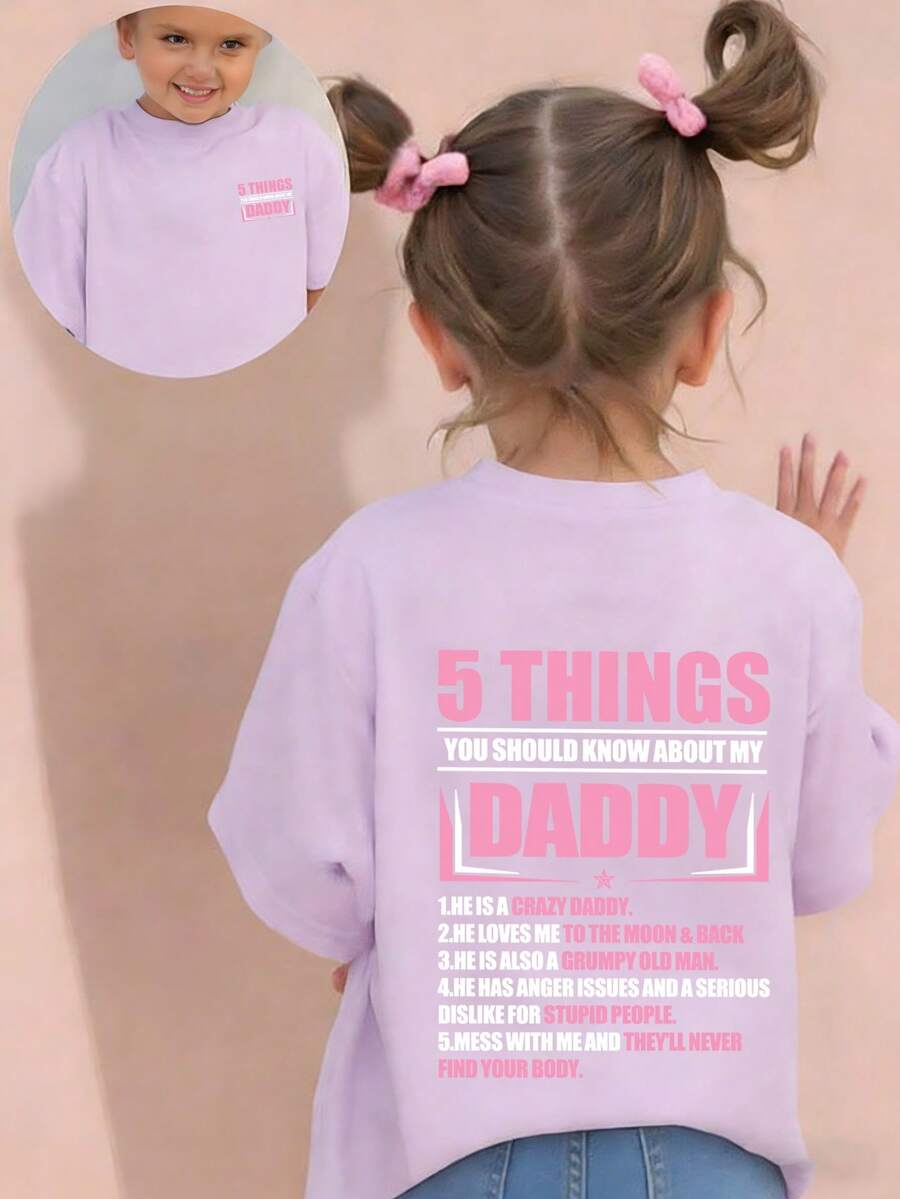 About My Dad Graphic Tee, Soft & Comfortable Fabric, Suitable For Girls Outdoor Sports, Casual Wear, Street Style, Campus Style, Fashionable Girls Spring/Summer Versatile - Mauve Purple - View 1