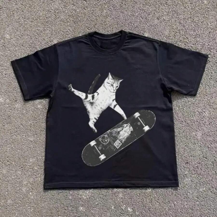 [New Products Arrive With Great Power] Skateboarding Cat T-Shirt, Y2k Cat Shirt, Animal Tee, Gifts Shirt, Unisex Vintage Graphic Tees Gothic Grunge Y2k Emo Scene Amity  Style Clothes Men Women Streetwear Unisex T-Shirts For Summer Outings - 黑色 - 查看 1