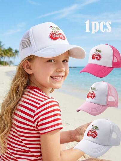 1pc Girls' Embroidered Red Cherry Mesh Baseball Cap, Seasonal Breathable Sun Hat, Truck Cap For Summer