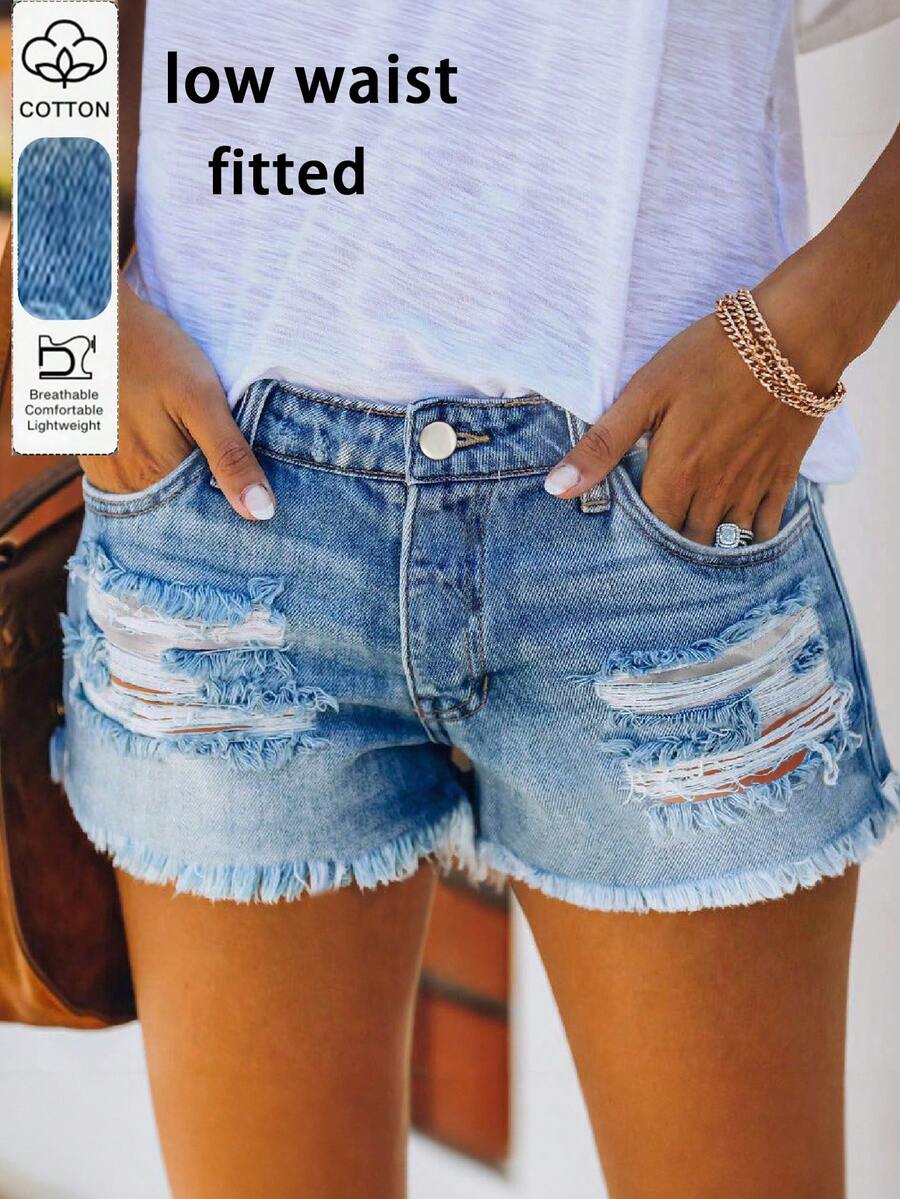 Quần short denim nữ dáng rộng, thời trang, thoải mái, phong cách VICI, chất liệu denim bạc màu, rách nhẹ, bạc màu, thích hợp cho kỳ nghỉ hè. - Rửa nhẹ - Xem 1