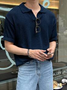 男女皆宜的休闲纯色V领短袖针织衫，适合春夏穿着，欧美韩风皆宜。 - 藏蓝色 - 查看 1