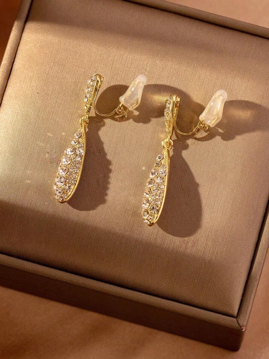 1pair No Piercing Rhinestone Water Drop Clip-On Earrings, Personalized Fashion Jewelry For Women, Birthday Gift - 黃金 - 查看 1