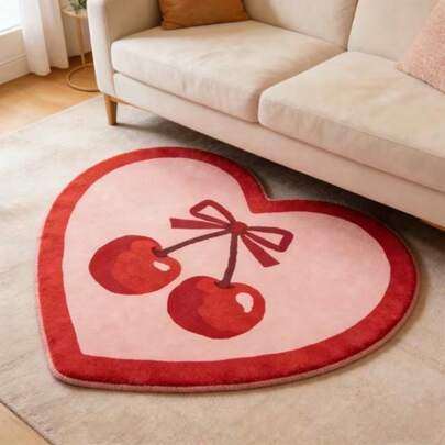 1pc INS Style Red Cherry Sweet Heart-Shaped Bedroom Bedside Carpet, Mother's Day Decor Soft Plush Cute Asymmetrical Shaped Bathroom Doormat, Carpet For Bathroom, Kitchen Or Bedroom Decoration