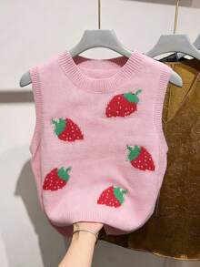 Women's Casual Elegant Sweet Strawberry Print Round Neck Sleeveless Knit Cropped Top/Tank, Summer Blouse, Summer Clothing, Women's Party Top/Tank, Women's Beach Outfit, Women's Outdoor Top, Elegant Party Top/Tank, Women's Holiday Outfit, Women's Leisure Top - Pink - View 5
