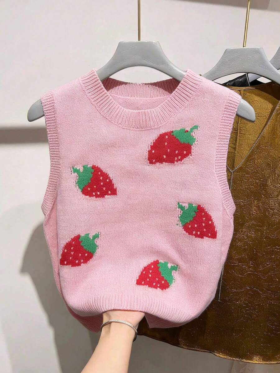女士休闲优雅甜美草莓印花圆领无袖针织短款上衣/背心，夏季上衣，夏季服装，女士派对上衣/背心，女士沙滩装，女士户外上衣，优雅派对上衣/背心，女士度假装，女士休闲上衣 粉色 - 粉色 - 查看 1