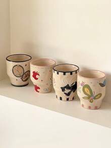 290毫升复古手工苹果小狗陶瓷杯，防滑杯，咖啡杯，拿铁杯，家用下午茶杯，节日礼物叠放杯，优雅法式花卉杯，牛奶杯，马克杯 - 彩色 - 查看 4