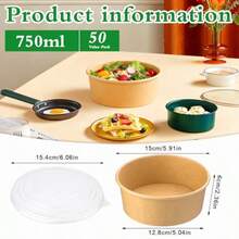 Paquete de 50 cuencos de papel grandes de 25 onzas con tapa cuencos de ensalada de papel contenedor de comida desechable contenedor de comida para llevar para sopa caliente/fría fiesta - 25 onzas 50 unidades - Ver 2