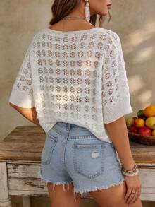 Plus Size Hollow Out Knit Short Sleeve Pullover Top, Spring/Summer White - White - View 3