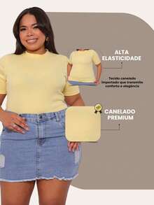 Women's Plus Size Ribbed Round Neck Blouse, Elastic, Comfortable - 黃色 - 查看 4