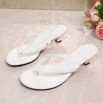 New Women's High Heel Sandals, Slip-On Elegant Solid Color Beach Criss-Cross Strap Kitten Heel Flip Flops, Summer
