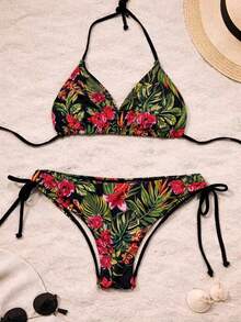 Women's Triangle Bikini Top With Removable Padding And Double String Bottom With Side Adjustment - Black - View 7