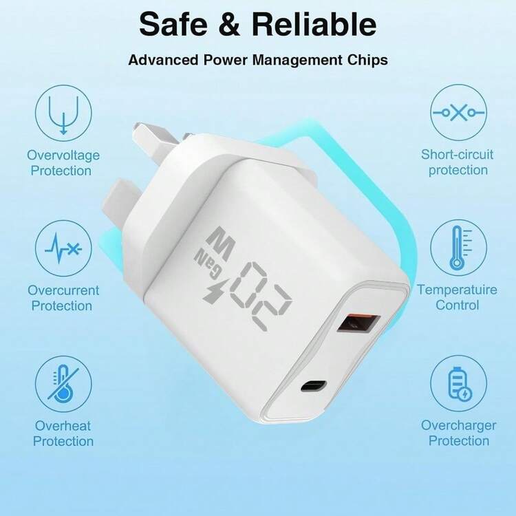 UK Plug USB Charger, 20W USB C Power Adapter Plug, GaN/ Quick Charge Wall Charger Block, C Type Power Adapter Fast Charging For IPhone/Android Phones, Mobile Phones Cameras MP3 And More Electronic Devices - View 5