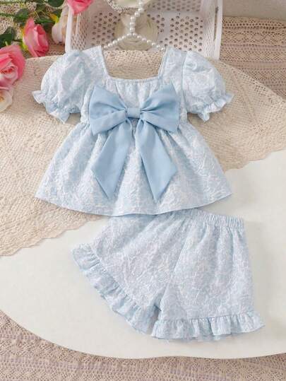 2pcs Baby Girls Cute Square Collar Puff Sleeve Bow Top And Ruffle Hem Shorts Set, Suitable For Spring/Summer Outdoor Casual Wear