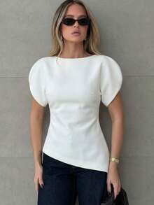 2026 Spring Women's Fashion Asymmetric Puff Sleeve Fitted Cropped Top, Round Neck Zipper Back Design, Street Style White Summer - White - View 7