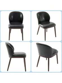 Sillas de comedor tapiceadas Set de 2 Unidades, silla de cocina de tela de cuero / lino de PU con patas de madera, sillas de acento cómodas de asiento de tela para comedor, cocina, sala de estar, fácil montaje - Cuero negro - Ver 5