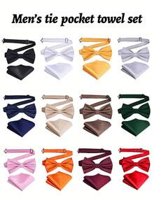 2pcs/Set Men's Solid Color Business Bow Tie And Pocket Square Set, Pre-Tied Bow Tie And Pocket Square, Formal Attire Suitable For Weddings, Events, Casual - Multicolor - View 1