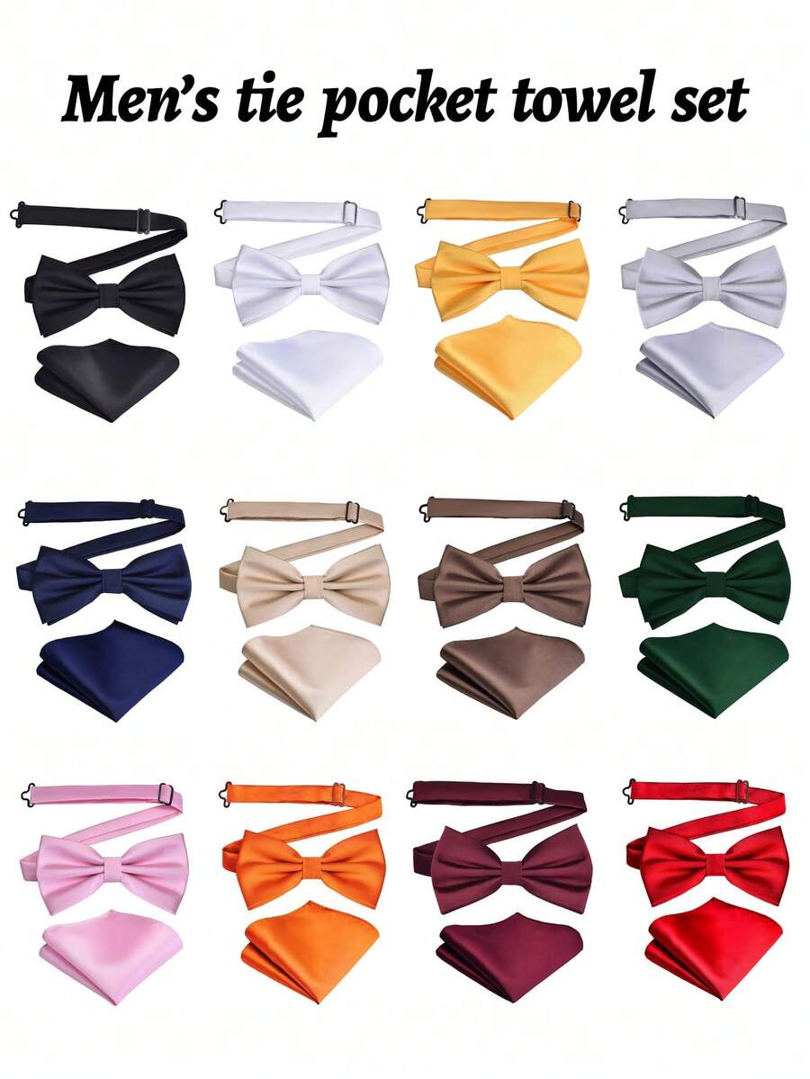 2pcs/Set Men's Solid Color Business Bow Tie And Pocket Square Set, Pre-Tied Bow Tie And Pocket Square, Formal Attire Suitable For Weddings, Events, Casual - Multicolor - View 1