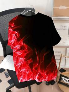 Ombre Blue Flame Print Plus Size Short Sleeve Set | 3D Graphic Round Neck Top | Stretchy Breathable Polyester | Casual Sporty Style | Plus Size Loose Fit | Suitable For Daily & Party Wear - Red - View 3