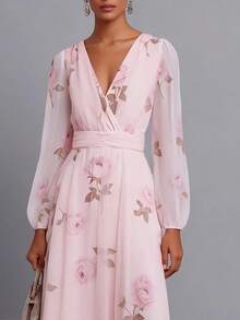 Women's Elegant Floral Print Chiffon Belted Mid-Length Dress - Baby Pink - View 3