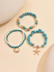 3件套岛屿风情绿松石天然贝壳串珠手链，配金属海星贝壳吊坠，适合女性日常佩戴和海滩派对 - 彩色 - 查看 3