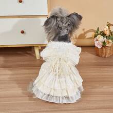 奶油色蕾丝狗狗公主裙，珍珠蝴蝶结多层蛋糕裙宠物礼服 - 米色 - 查看 12