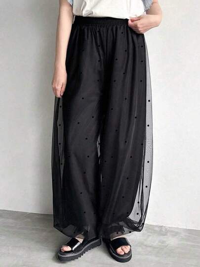 女士高腰直筒波点网纱休闲裤，纯色，春夏秋季