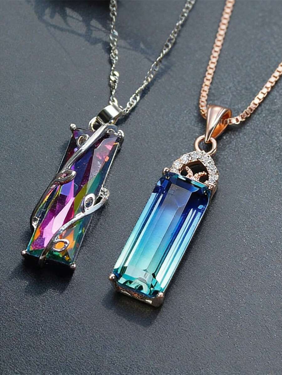 华丽的长方形彩色水晶枝棱镜吊坠项链，日韩奢华风格，彩虹项链，日常佩戴配饰，四季皆宜的女士个性珠宝，可爱新娘蝴蝶结锆石婚礼订婚珠宝礼物 - 彩色 - 查看 1