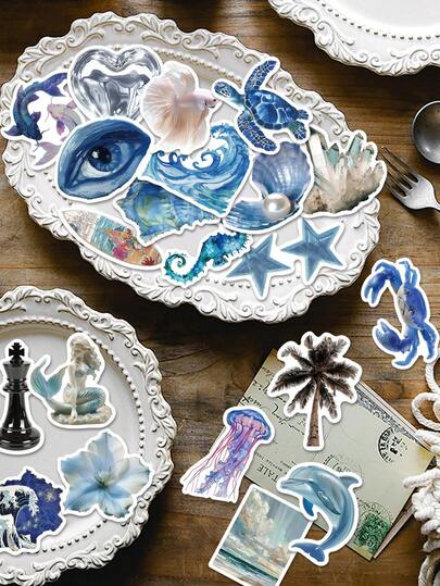 50pcs Romantic Silver-Blue Ocean Stickers: Elegant And Cute Designs. Perfect For Scrapbooking Supplies, Guitars, Skateboards, Scrapbooks, Phone Cases, Tablets, Parties, Suitcases, And Gift Decorations-Fun Stickers!