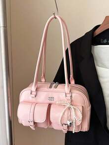 This Fashionable And Classic Solid Color Waterproof PU Material Clown Bag Features A Letter Graphic Design, With Multiple Pockets, A Shell Shape, And Dual Handles. It Can Be Carried As A Shoulder Bag Or Underarm Bag, And Comes With A Pendant Decoration. The Interior Can Hold Daily Necessities Like Lipstick, Keys, And Cosmetics. It Is Very Suitable For Travel, Shopping, Work, Parties, Dates, And New Year Celebrations. This Is A Retro Japanese Street Style Bag For Women. - 粉色 - 查看 1