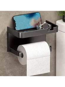 1个壁挂式卫生纸架，带置物架和手机支架，塑料材质，自粘式，无需钻孔，卫生纸卷分配器 - 彩色 - 查看 5