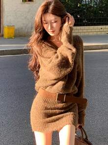 Women Short Dresses - Dark Brown - View 2