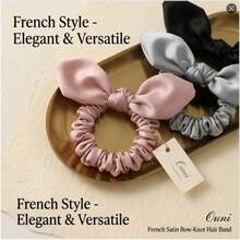 1pc French Satin Bow Bunny Ear Headband, High Elasticity, Faux Silk Pleated Hair Scrunchie, Elastic Hair Accessory - Multicolor - View 4