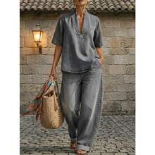 2026 European And American Summer New Women's Loose Casual Solid Color Comfortable Minimalist Denim Two-Piece Set,Trajes Elegantes De Mujer,Conjunto De Dos Piezas Mujer - 灰色 - 查看 6