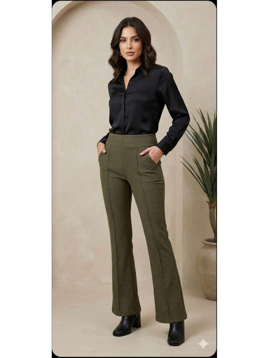 Women's Flared Pants With Side Pockets, Wide Waistband, Fabric With Plenty Of Elastane And Super Comfortable, Ideal For Various Occasions. - 綠色 - 查看 1