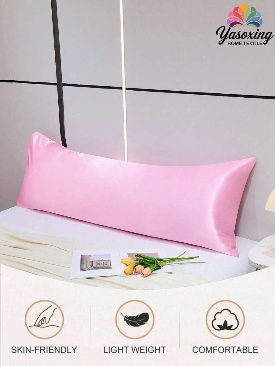1pc 100% Premium Silky Smooth Solid Color Pillowcase Without Filling, Faux Silk Soft & Breathable Envelope Closure Pillow Cover, Suitable For Bed, Home, Sofa, Farmhouse Style, 20" X 54", Decorative Pillow Sham For Women & Men, Machine Washable (Pillow Insert Not Included) - Pink - View 1