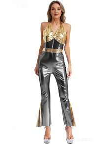 70s Retro Glitter Halterneck Jumpsuit | Gold To Grey Ombre, Modern Disco Dress For Women - Multicolor - View 2