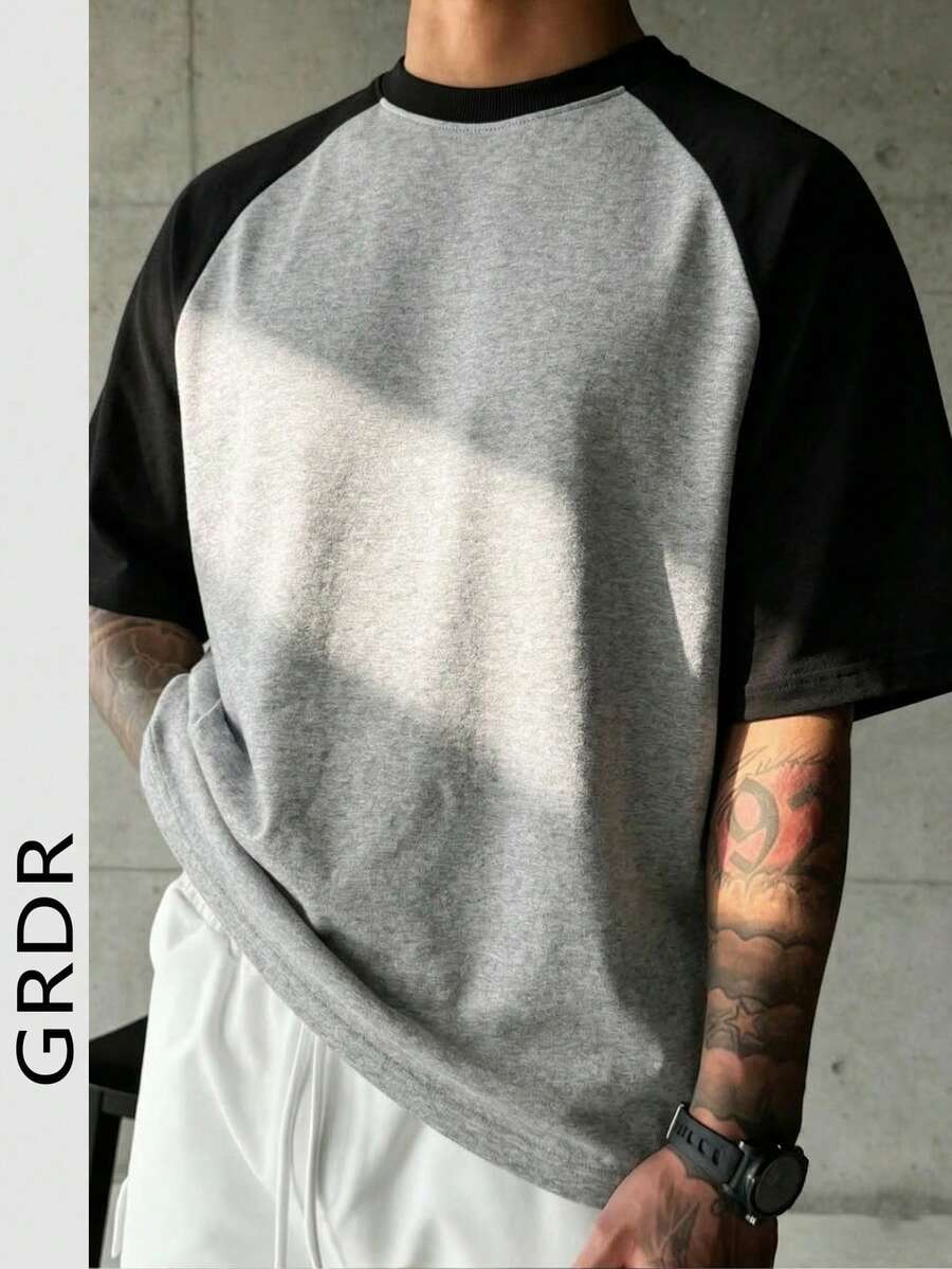 Áo thun nam GRDR tay ngắn cổ tròn phối màu raglan phong cách retro Mỹ, thoải mái và thời trang, thích hợp mặc mùa hè. - Xám - Xem 1