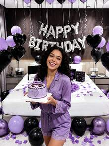 18-70pcs Women's Purple Birthday Decoration Set - Designed For Women's Birthday Celebrations, Silver "Happy Birthday" Banner, Black Heart-Shaped Foil Balloons, Soft Purple Thick Latex Balloons, Perfect For Birthday Party Decor, Anniversary, Hotel Midnight Birthday Party, Holiday Gifts, Party Supplies, Essential For Party Decoration. - Multicolor - View 4