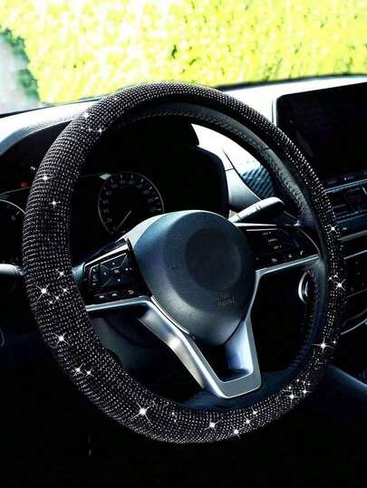 Rhinestone Decor Car Steering Wheel Cover For Women, 14-15 Inches Auto Interior Accessories