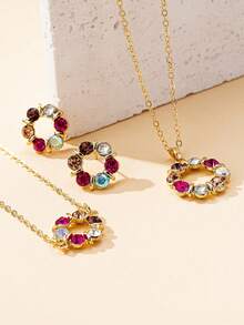 Women's Colorful Rhinestone Jewelry Set (4-Piece Set), Fashionable And Individual, Elegant And Chic, Hollow Round Pendant Necklace, Earrings, Bracelet - Multicolor - View 2